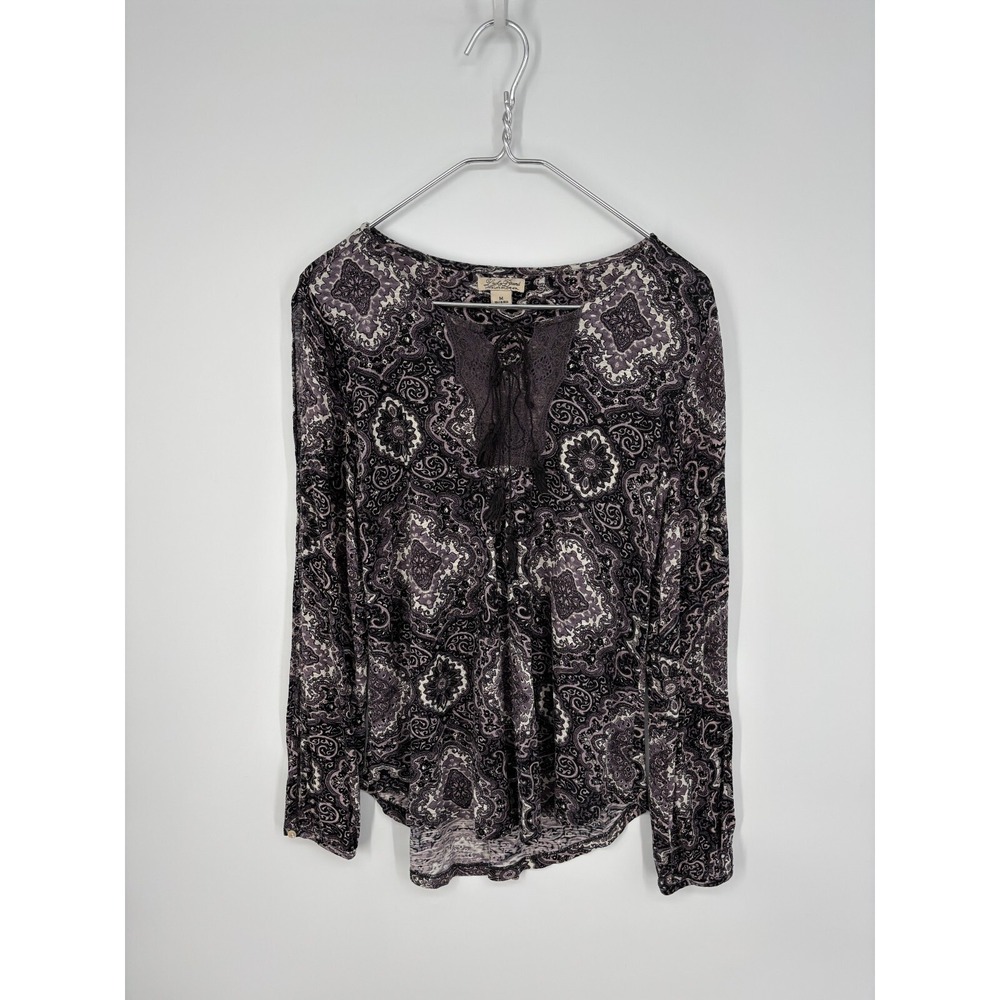 Lucky Brand Blouse Womens M Black Gray Medallion Print Peasant Shirt Tassel Knit